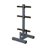 Durable Olympic plate tree and bar holder with six chrome plate storage posts and sturdy base for weight management.